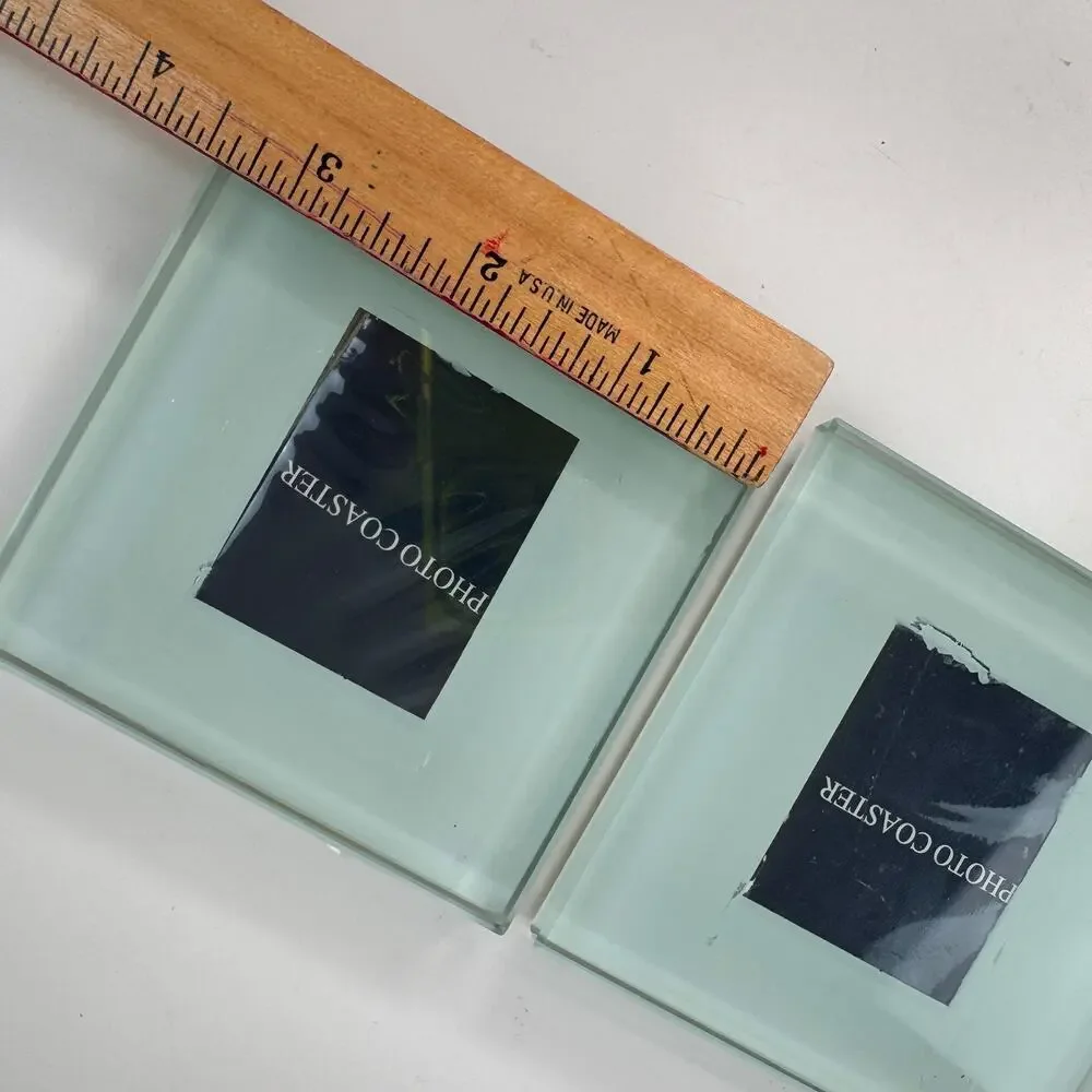 Photo Frame Coasters Wood Holder Tempered Glass Square Home Decorative Set of 4